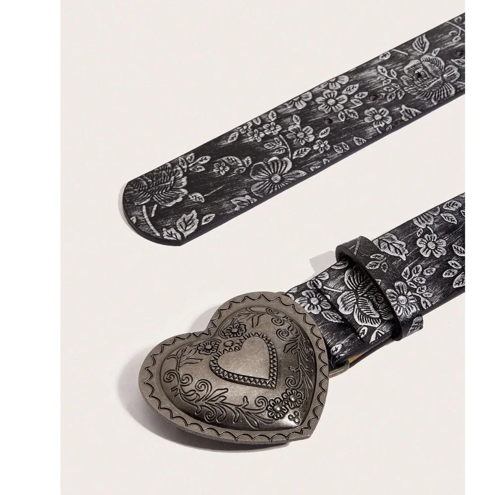 Western Floral Embossed Heart Statement Buckle Vegan Leather Wide Belt